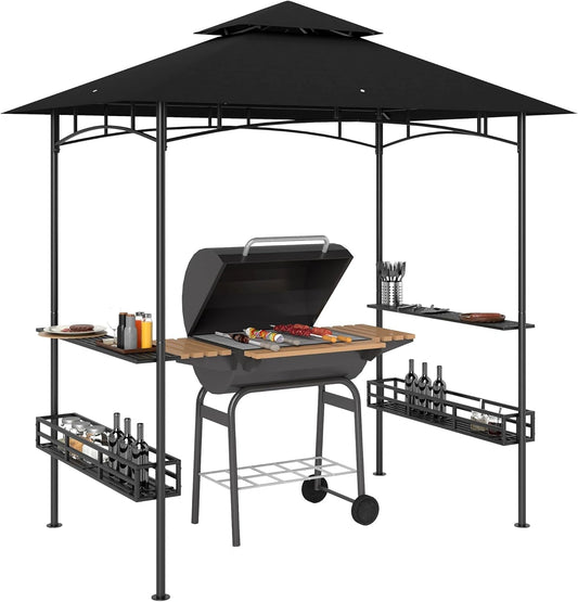 Abri Barbecue Outsunny, Tonnelle de Jardin avec Étagères et Crochets, Structure Métal Gris
