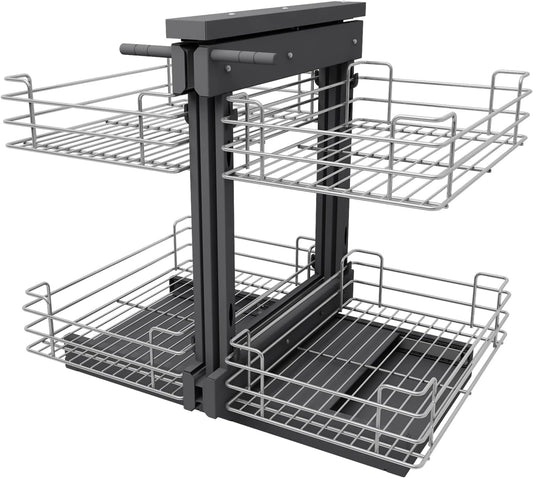 Organisateur d'angle coulissant pour armoire 800 mm, ouverture réversible, panier à double niveau, montage inférieur