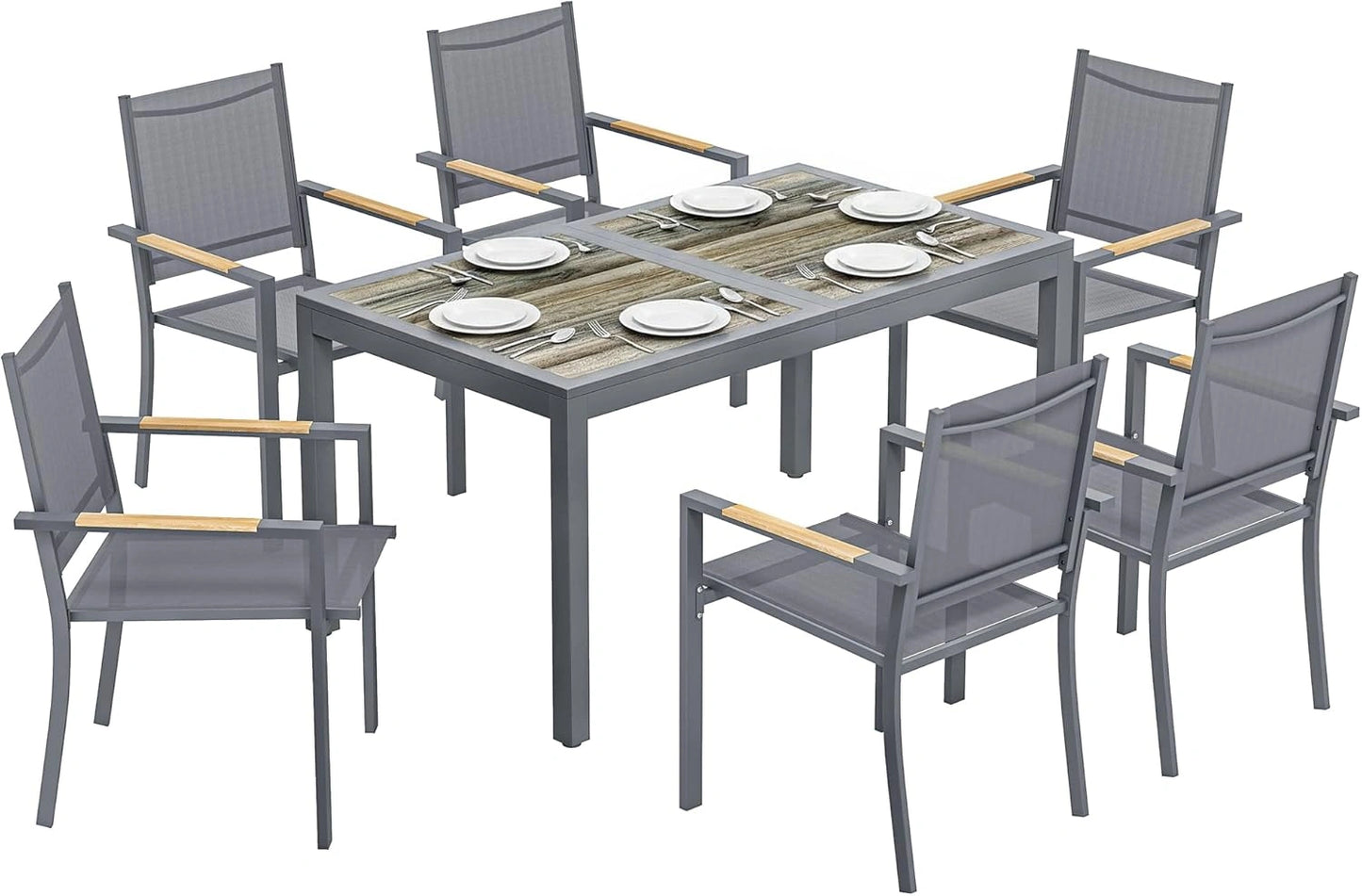 Ensemble de Jardin Outsunny 7 Pièces - Table avec Plateau en Imitation Bois et 6 Chaises Empilables en Textilène - Mobilier de Terrasse Durable, Gris Anthracite
