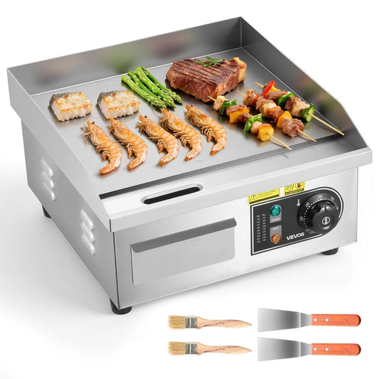 VEVOR Plaque Électrique 2000W, Gril de Table Réglable 50-300°C, Pour Restaurant et Snack-Bar, Inclus 2 Spatules et 2 Brosses