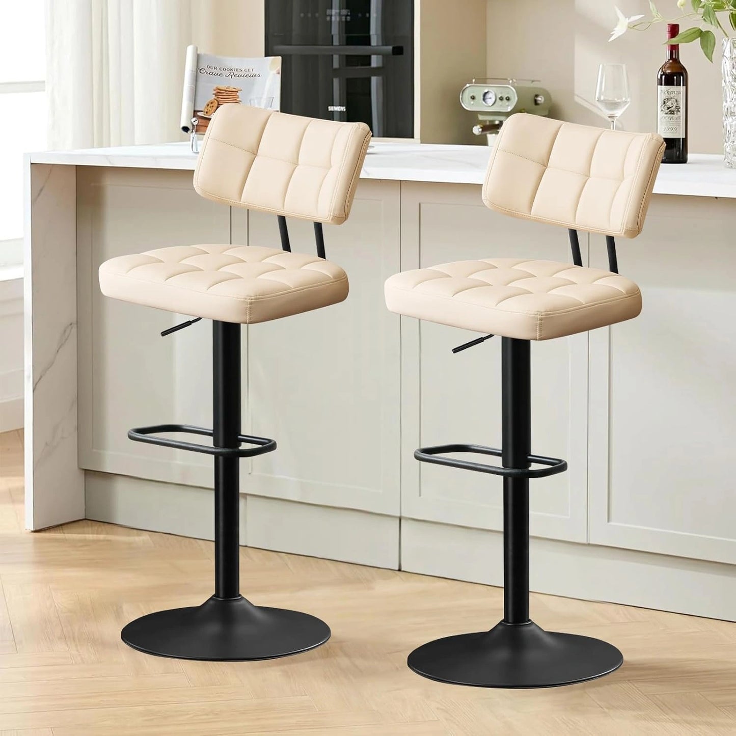 Paire de Tabourets de Bar Réglables en Hauteur avec Dossier et Repose-Pieds en PU Beige