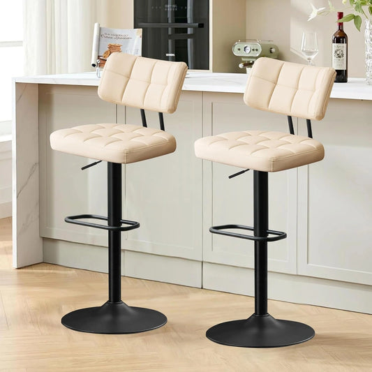Paire de Tabourets de Bar Réglables en Hauteur avec Dossier et Repose-Pieds en PU Beige