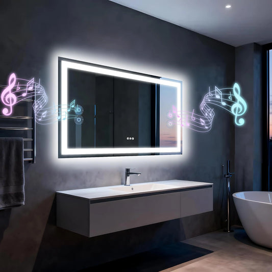 Miroir LED salle de bain 120x70 cm, haut-parleur Bluetooth, anti-buée, 3 températures de couleur réglables, luminosité variable, fonction mémoire, étanche, montage mural