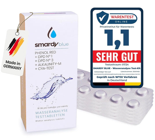 Kit de 50 Pastilles de Test pour Piscine – pH, Chlore Libre et Total, Alcalinité, Stabilisant – Compatible avec PoolLab, SCUBA II, BAYROL
