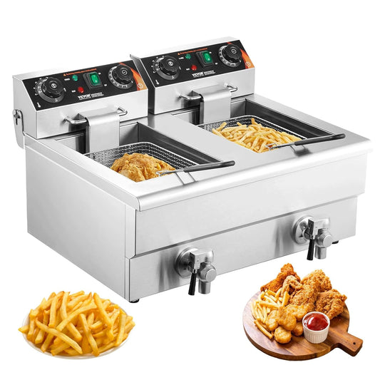 Friteuse Électrique Commerciale VEVOR 2 x 11L, 2 x 3000W, Inox, Température Ajustable 50-200°C, Idéale pour Poulet Frit et Snacks