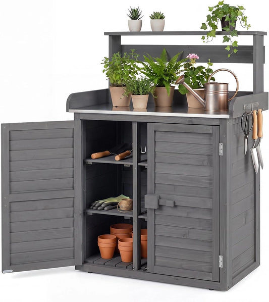 COSTWAY Meuble de Jardin en Bois avec Table de Rempotage, Étagères Amovibles et Crochets, Plateau en Acier Inoxydable, Portes Louver, Pieds Réglables pour Terrasse (Gris)