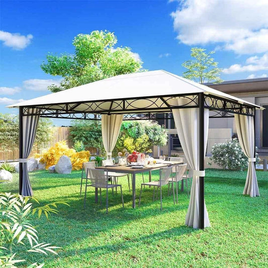 Tonnelle de Jardin 3x4 m Beige avec Rideaux et Structure en Métal, Idéale pour l'Extérieur