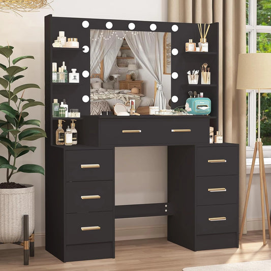 Table de maquillage noire avec miroir éclairé, 7 tiroirs et 8 étagères pour chambre, 110 x 40 x 140 cm