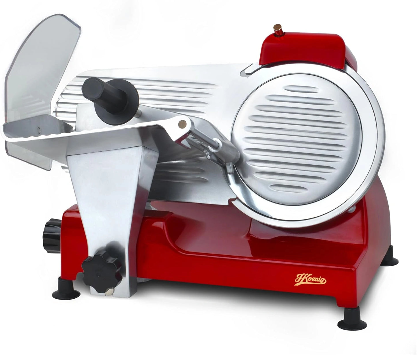 H.Koenig Trancheuse Électrique MSX224, Qualité Professionnelle, Lame Italienne 20 cm, Épaisseur Ajustable 0-12 mm, Aiguiseur Inclus, Plateau Spacieux, 282 RPM, Rouge