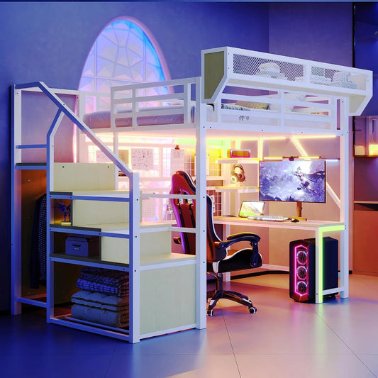 Lit Mezzanine Multifonctionnel en Métal 140x200 cm - Bureau, Étagère et Échelle de Rangement, Blanc