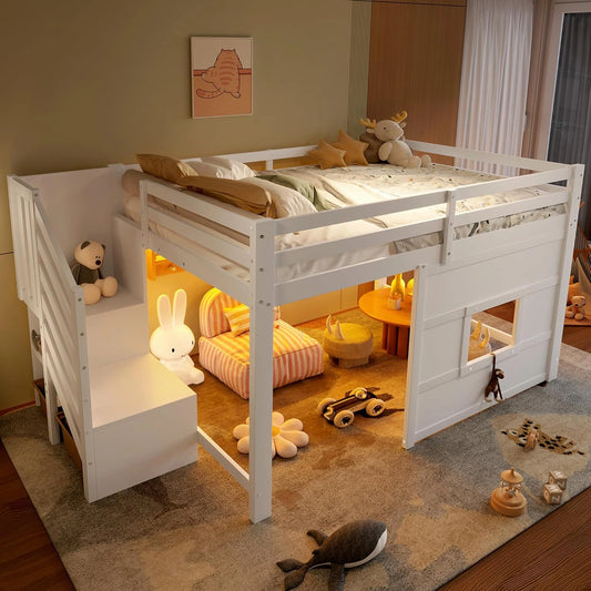 Lit mezzanine enfant 140x200 cm avec escalier rangement et fenêtre, sommier bois, barrière anti-chute, blanc