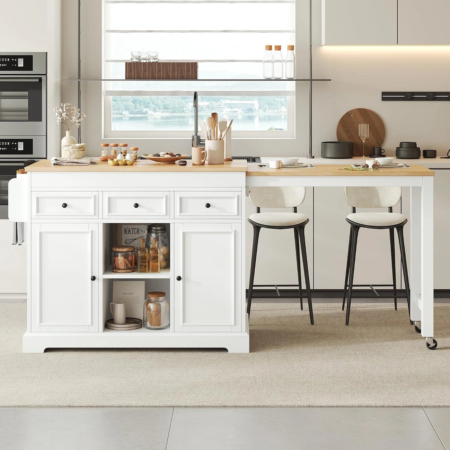 Îlot de Cuisine Mobile avec Plan de Travail Extensible et Rangement, Blanc