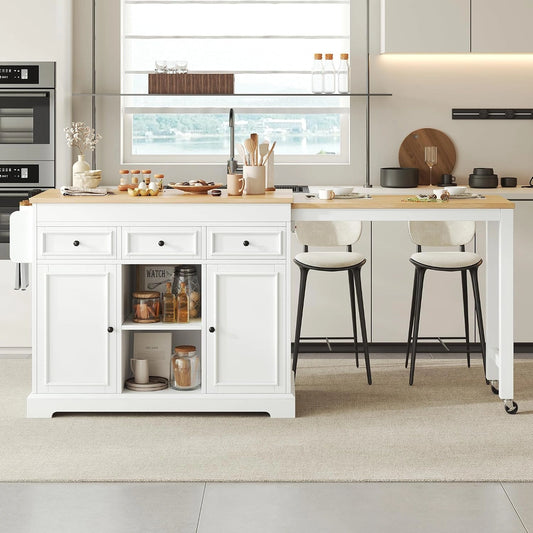 Îlot de Cuisine Mobile avec Plan de Travail Extensible et Rangement, Blanc