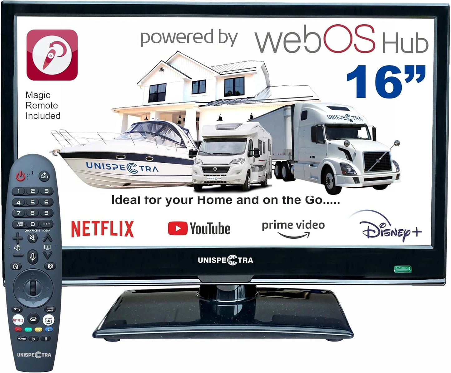 Téléviseur Intelligent 16 Unispectra avec webOS, Full HD 12V/230V, Tuner TNT et Satellite, HDMI, USB, Télécommande Magique pour Camping-Cars et Bateaux