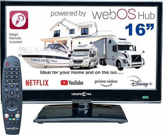 Téléviseur Intelligent 16 Unispectra avec webOS, Full HD 12V/230V, Tuner TNT et Satellite, HDMI, USB, Télécommande Magique pour Camping-Cars et Bateaux
