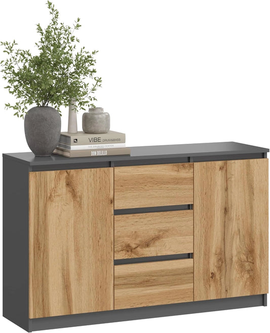Buffet moderne multifonctionnel en graphite et chêne - 2 portes, 3 tiroirs - 120x97x40 cm