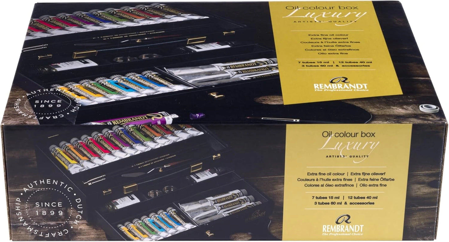 Ensemble de Peintures à l'Huile Rembrandt avec Coffret de Luxe en Bois, 22 Couleurs et Accessoires Professionnels