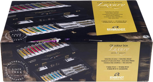 Ensemble de Peintures à l'Huile Rembrandt avec Coffret de Luxe en Bois, 22 Couleurs et Accessoires Professionnels