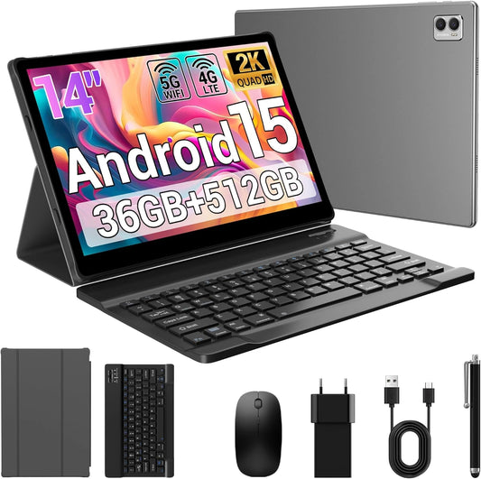 Tablette Android 14 4G LTE/5G WiFi, 11580mAh, 36GB+512GB, Octa-Core, 13MP+8MP, Clavier Inclus, Gris