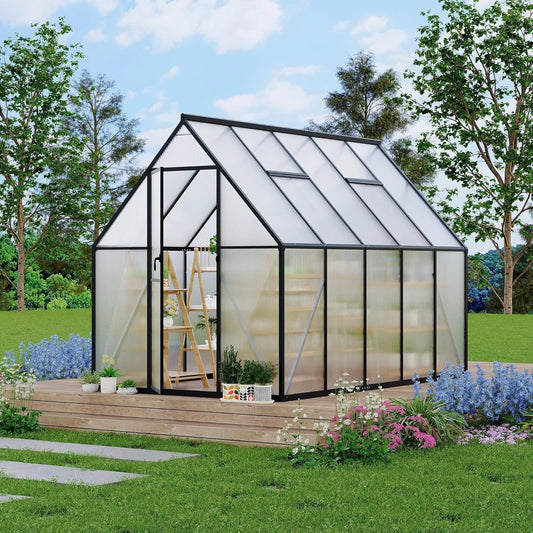 Serre de Jardin en Aluminium Noir 6x9 Pieds, Panneaux Polycarbonate, Porte Sécurisée