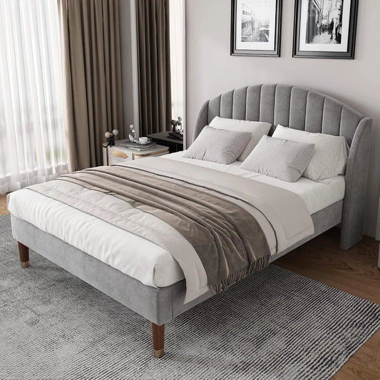 Lit Design Jeunes Adultes en Velours Gris 140x200 cm avec Tête de Lit et Sommier à Lattes
