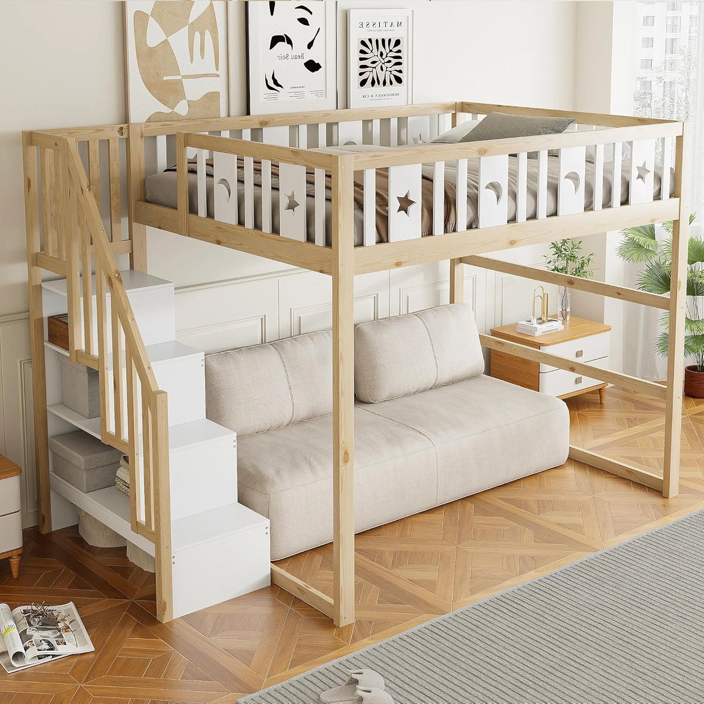 Lit mezzanine enfant Merax en bois massif 140x200 cm avec escalier intégré